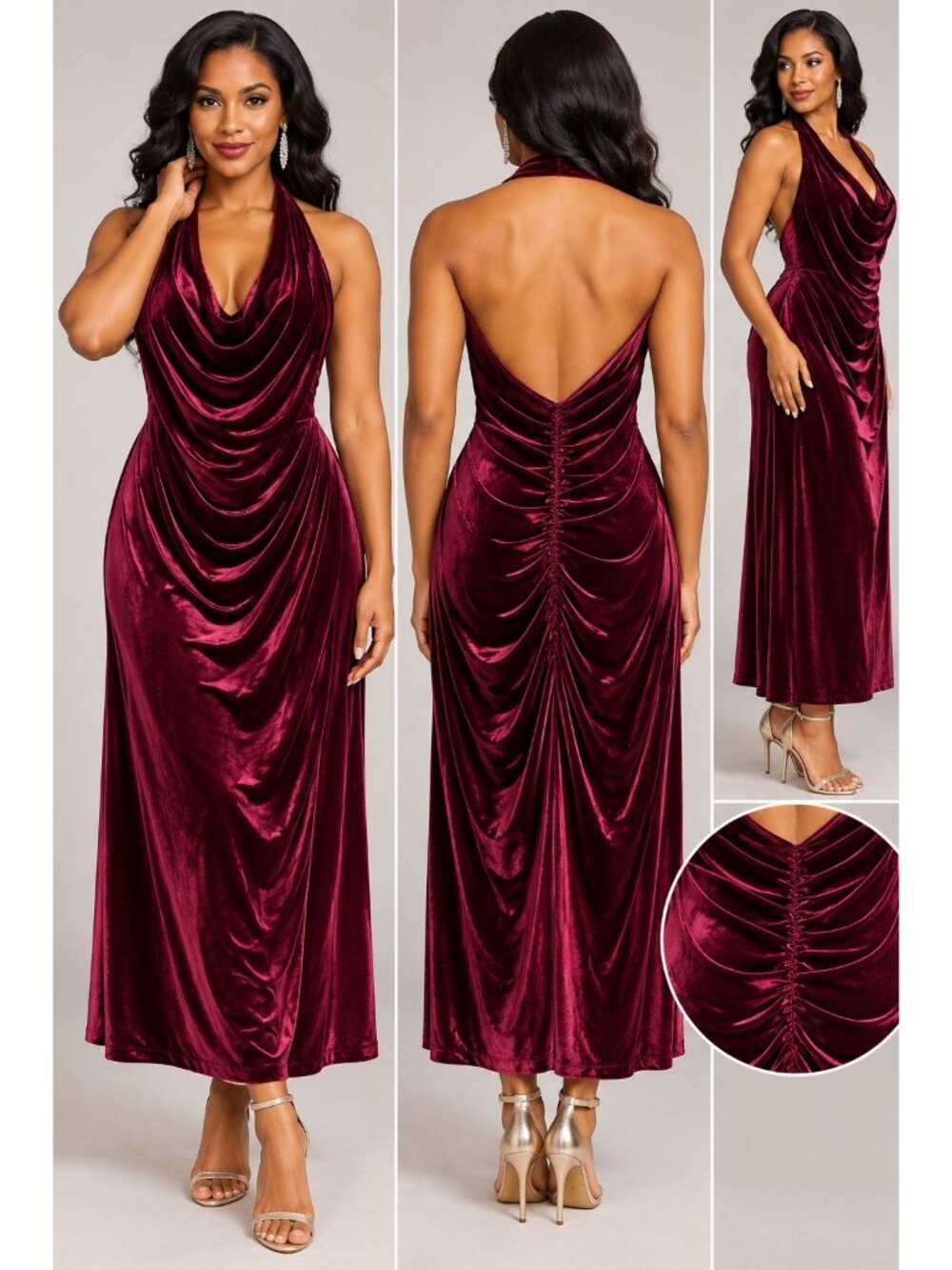 Ashro Women's Wine Halter Rouched Stretchy Velour Bodycon, NWOT, 3X